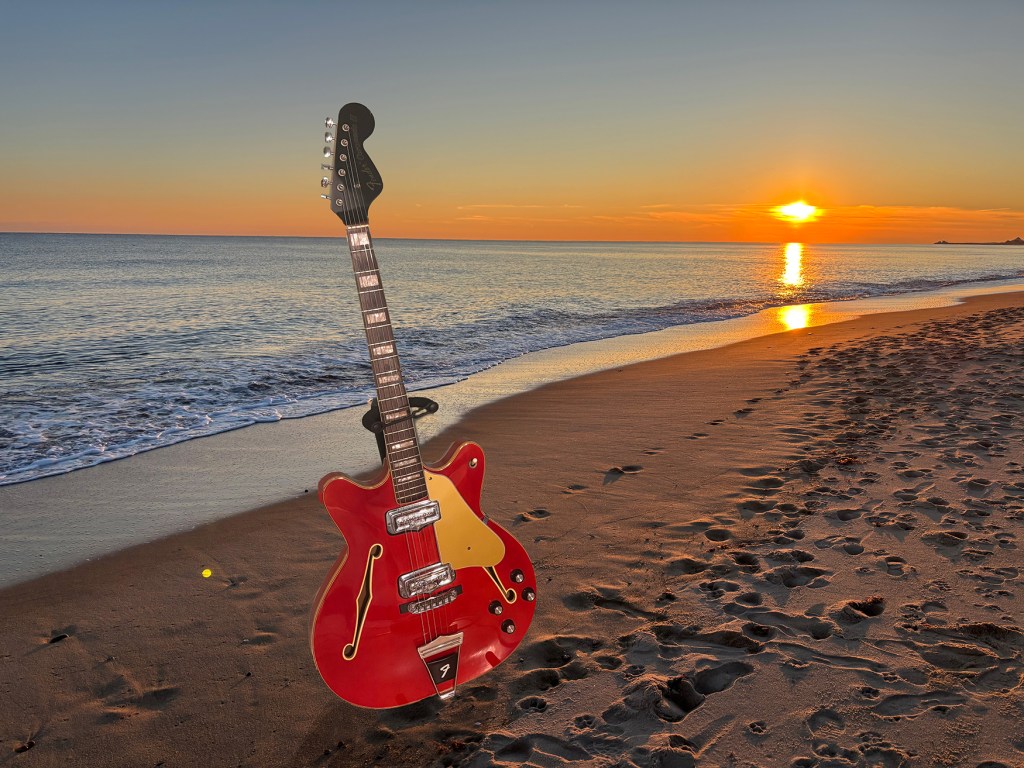 A 1966 Fender Coronado II pictured in what might just be its natural habitat--the beach. Don't worry Association for the Prevention of Cruelty to Guitars, I cobbled this together on photoshop.