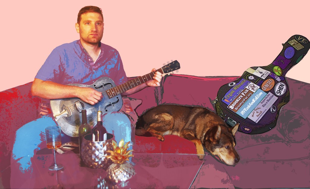The photoshoot for Lonesome Valentine by Pete Berris and the Motor Inns. Pete Berris poses with his National Duolian guitar and his dog Marvin (an Australian Cattle dog).