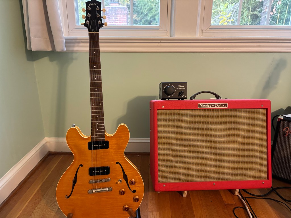 Collings I-35 LC guitar with Lollar standard-wind P-90 pickups, next to a Fender Hot Rod Deluxe in Texas Red and a Bugera power soak. 