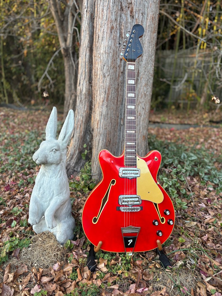 Pictured left to right: two enigmas, Harvey the rabbit and a 1966 Fender Coronado II in candy apple red.